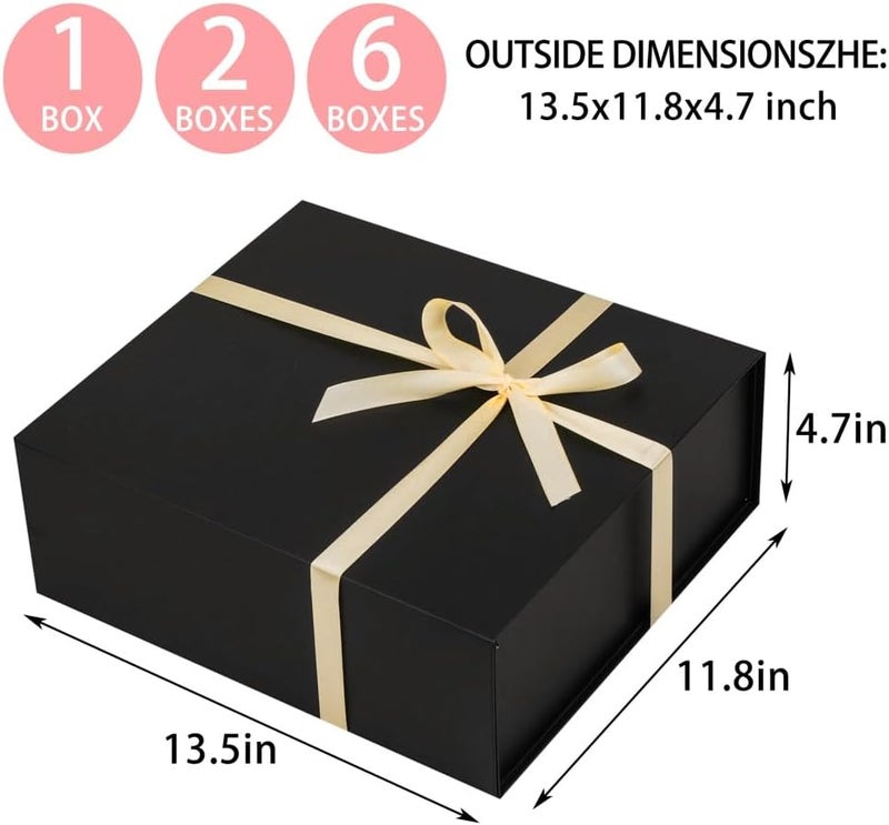 UoeRing 6 Pack Black Gift Box Large 13.5x11.8x4.7 inch Luxury Groomsman Box for Presents with Magnetic Closure Lid Collapsible,Contains Card, Ribbon, Tissue Paper,Shredded Paper Filler - Image 2